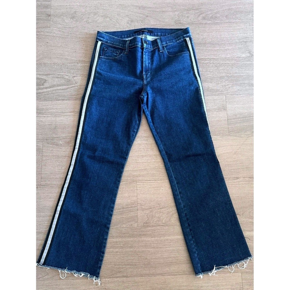 J Brand Ankle Jeans Stripe Cropped Flare Women 27 Blue Indigo Raw Hem Denim